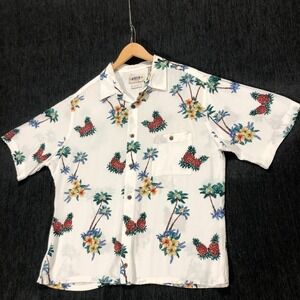 Campio Moda Hawaiian Shirt Pineapple‎ Palm Tree Print Button Up White L